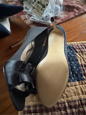 Nina Shoes Black Satin Peep-Toe Heels with Bow